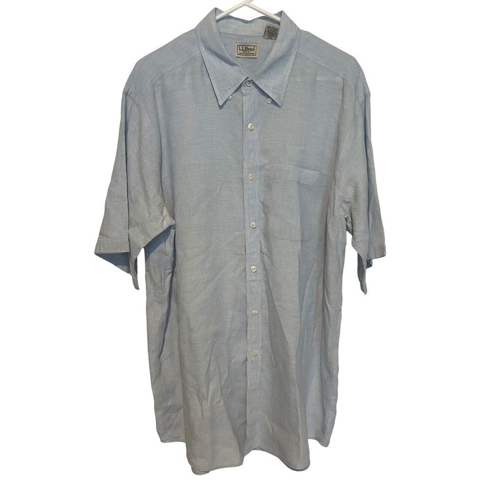 L.L. Bean Men's LG-REG 100% Linen Shirt Short Sleeve Button Down Light Blue